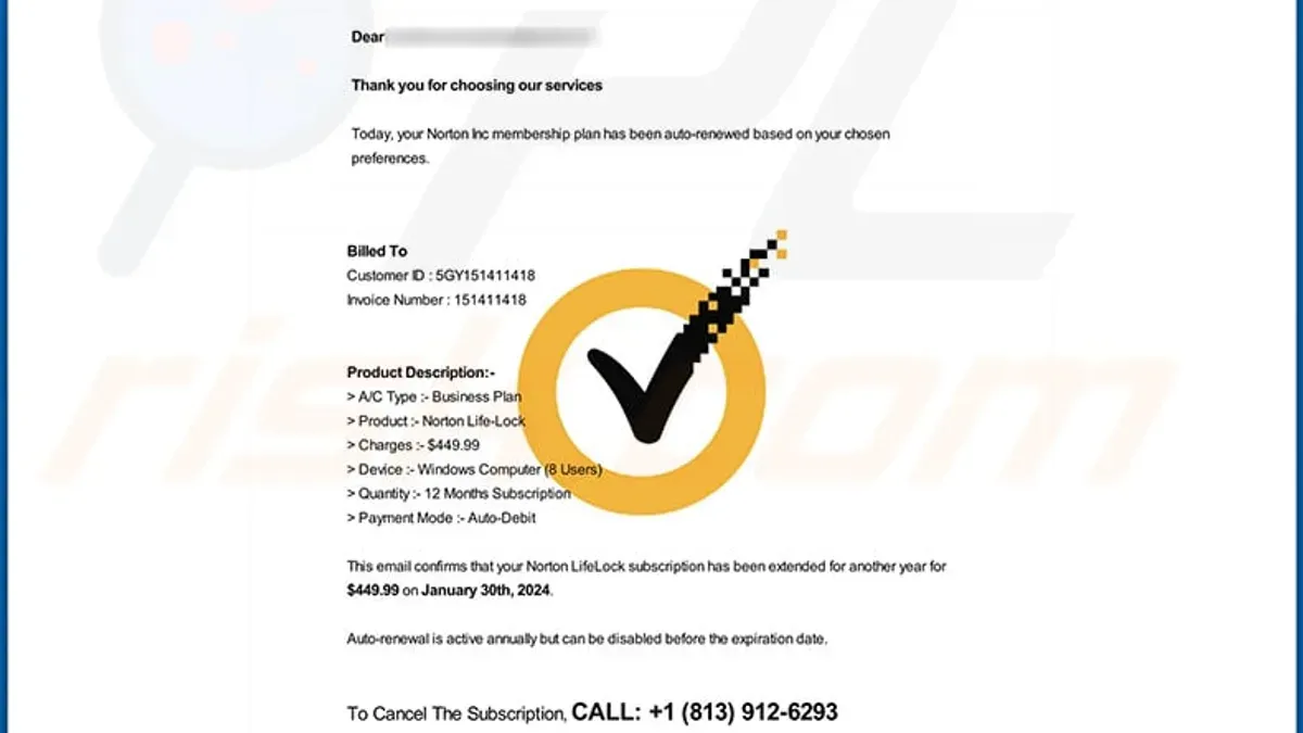 What this advice does not cover – Norton renewal scam email