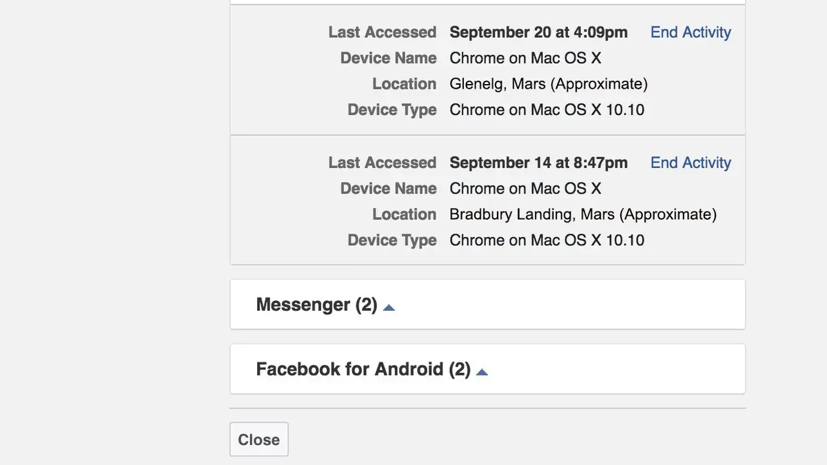Troubleshooting: What to do if sessions don’t appear or can’t log out – how to see where you're logged into Facebook