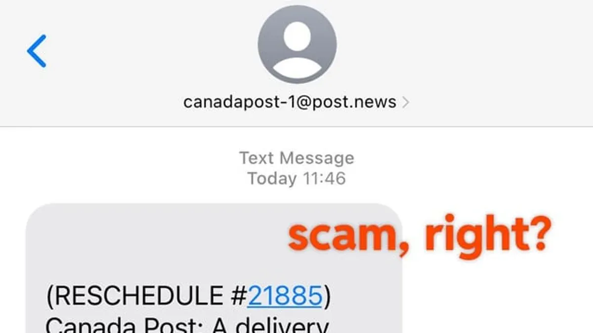 Person reviewing a Canada Post scam text message on smartphone screen