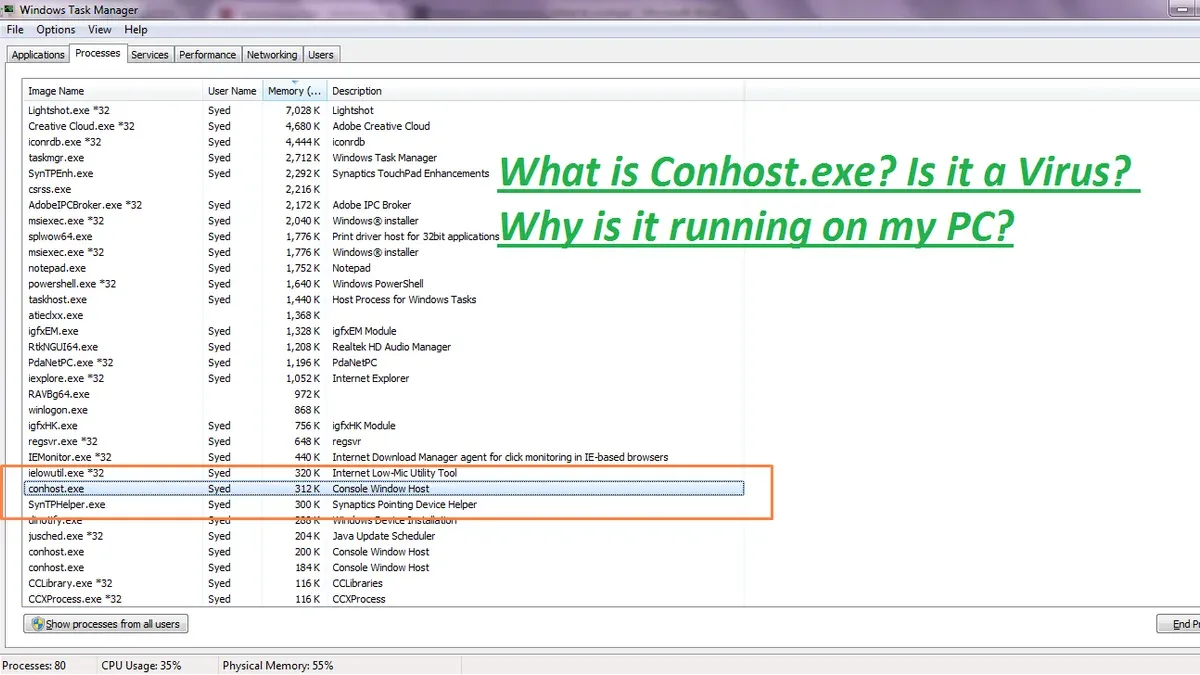 Screenshot of Windows Task Manager highlighting conhost.exe process to determine if conhost.exe is a virus