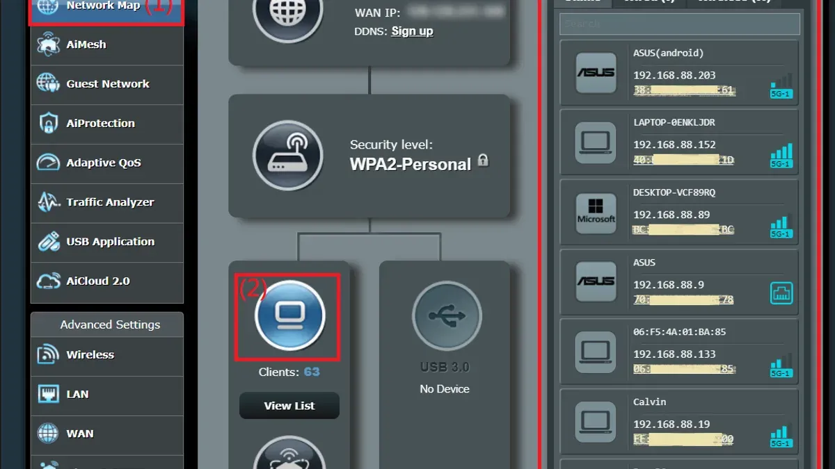 Person viewing devices connected to ASUS router on laptop screen