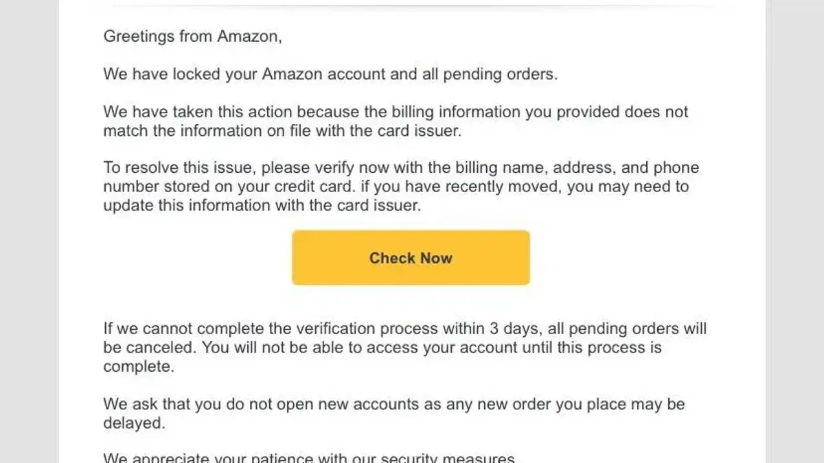 Person reviewing an email inbox with an Amazon scam email visible on the screen