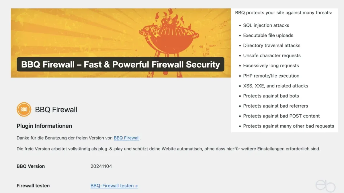 BBQ Firewall review showing WordPress security plugin interface on laptop screen