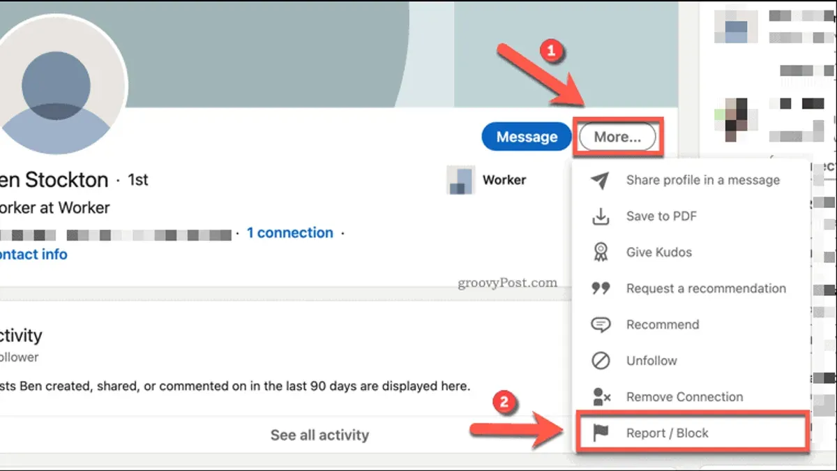 User blocking someone on LinkedIn using privacy settings on a laptop