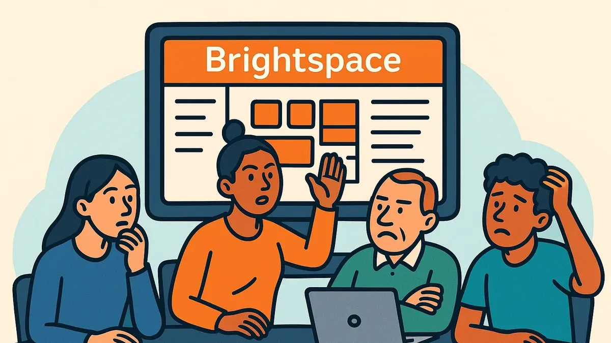 Teacher with low tech confidence using Brightspace rollout plan on laptop in classroom