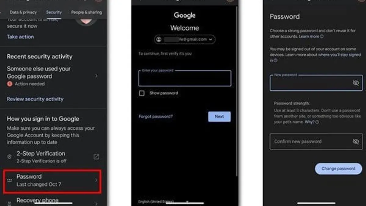 Person changing YouTube password on smartphone using Google account settings