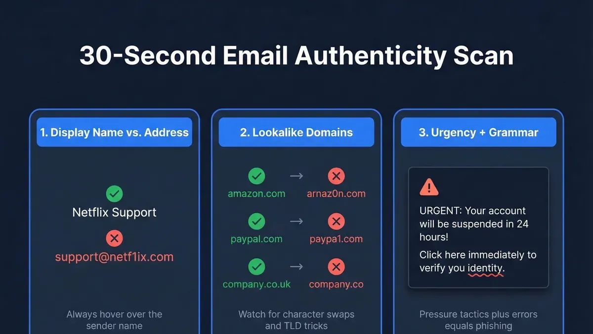 Person verifying how to check if an email sender is legit on a laptop