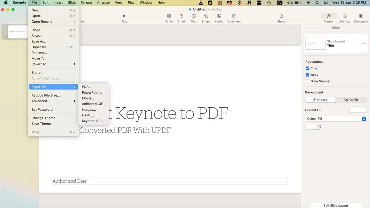 User converting Keynote to PDF on MacBook screen