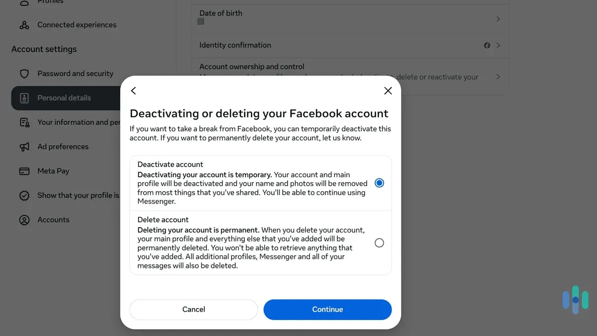 How to delete Facebook account permanently shown on laptop screen