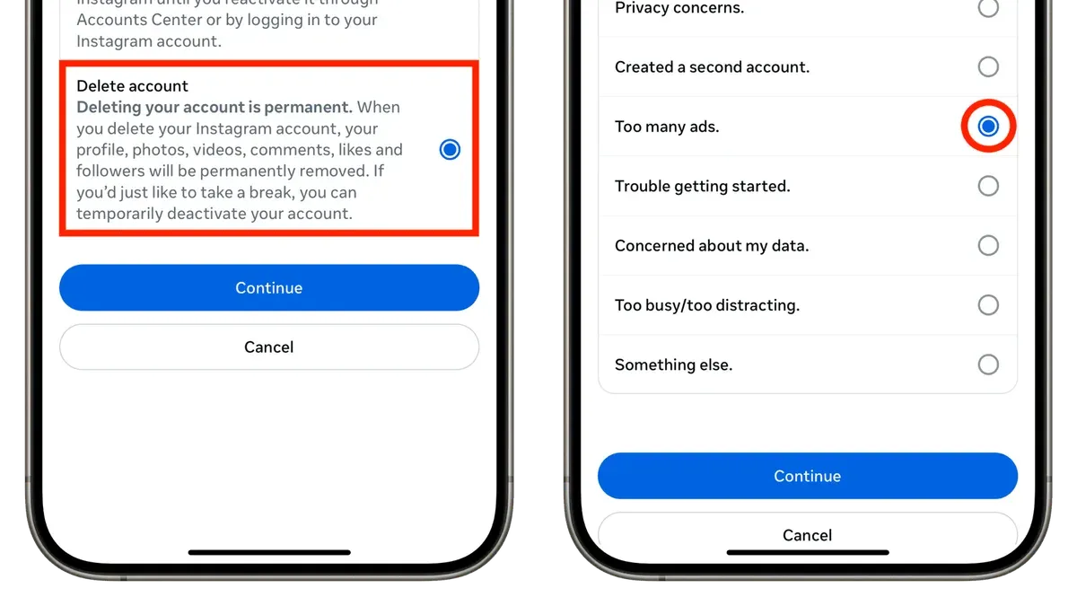 How to delete Instagram account permanently shown on smartphone screen