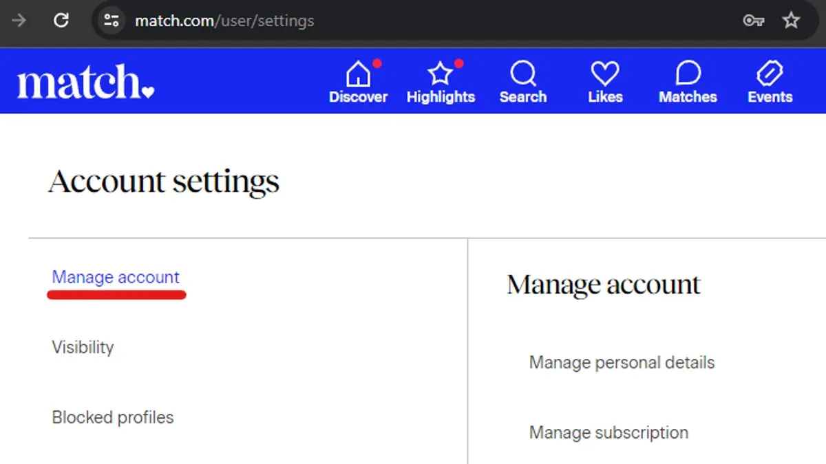 User deleting Match.com account permanently on laptop screen