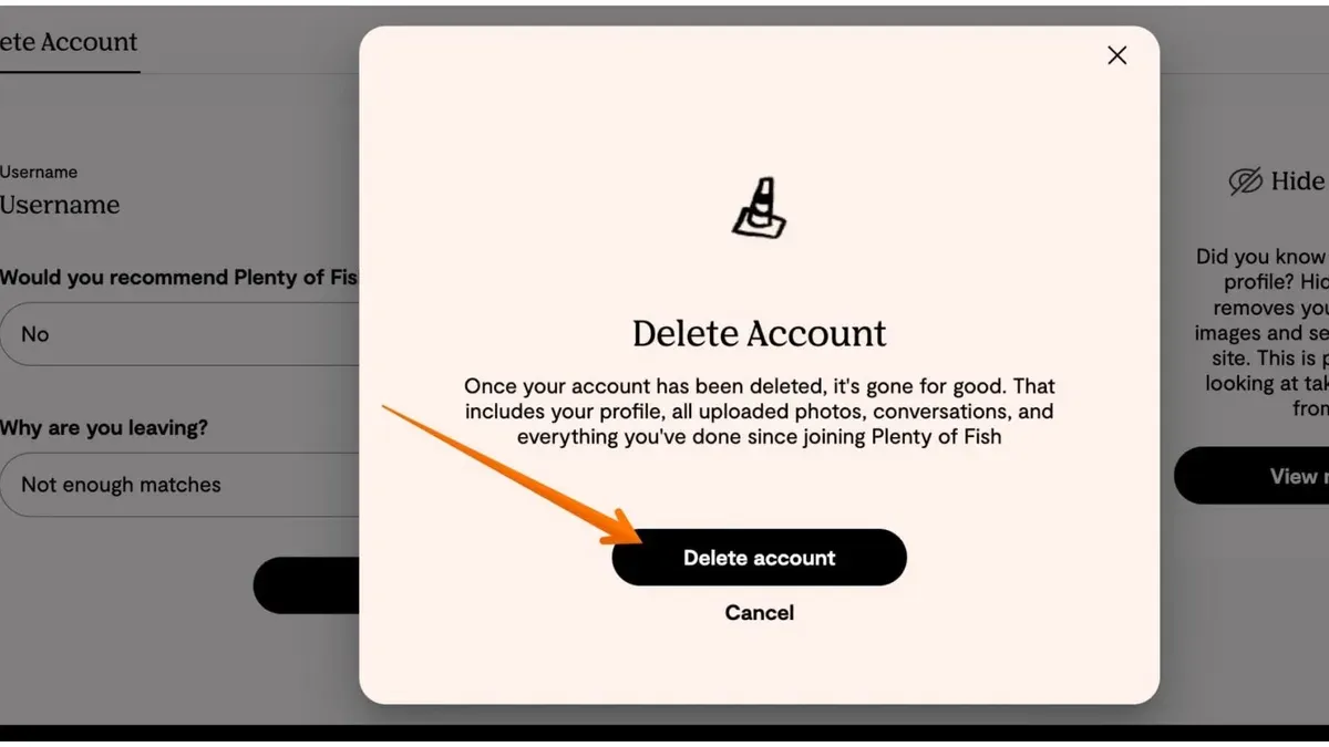 User deleting Plenty of Fish account permanently on laptop screen