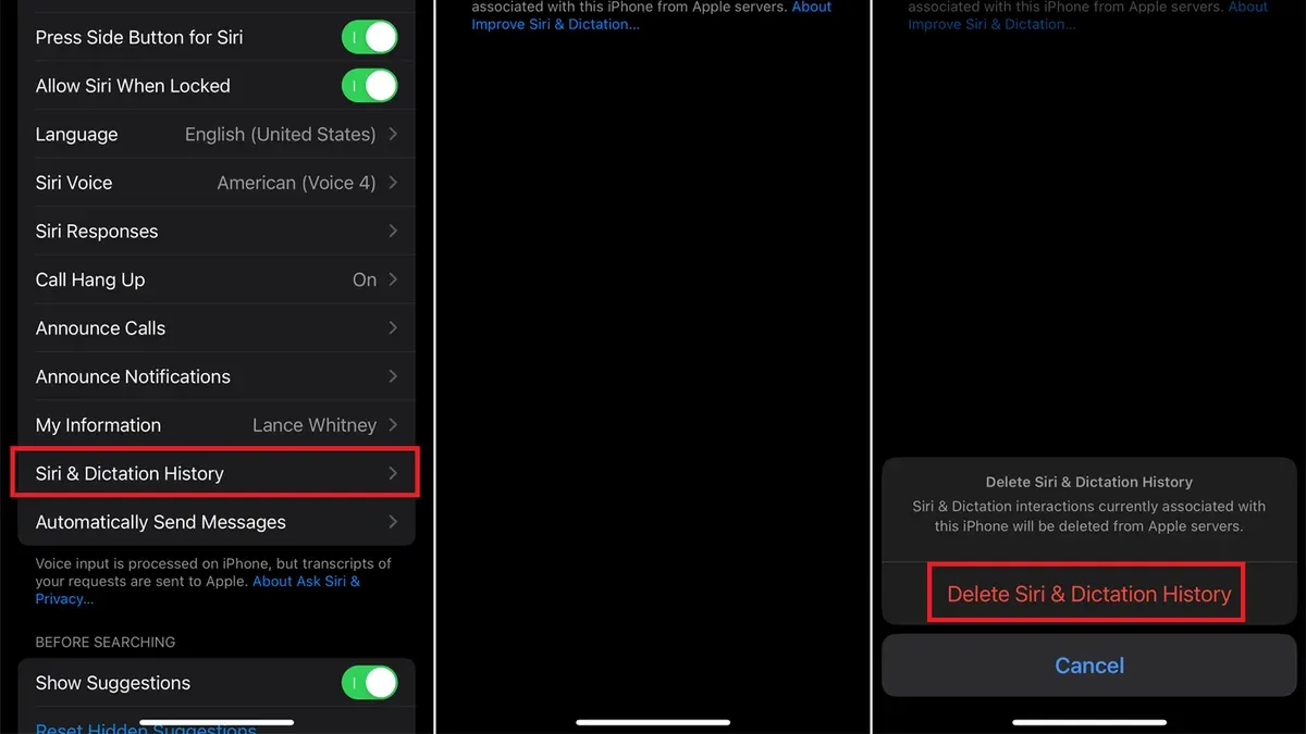 User deleting Siri history on iPhone through settings to protect privacy