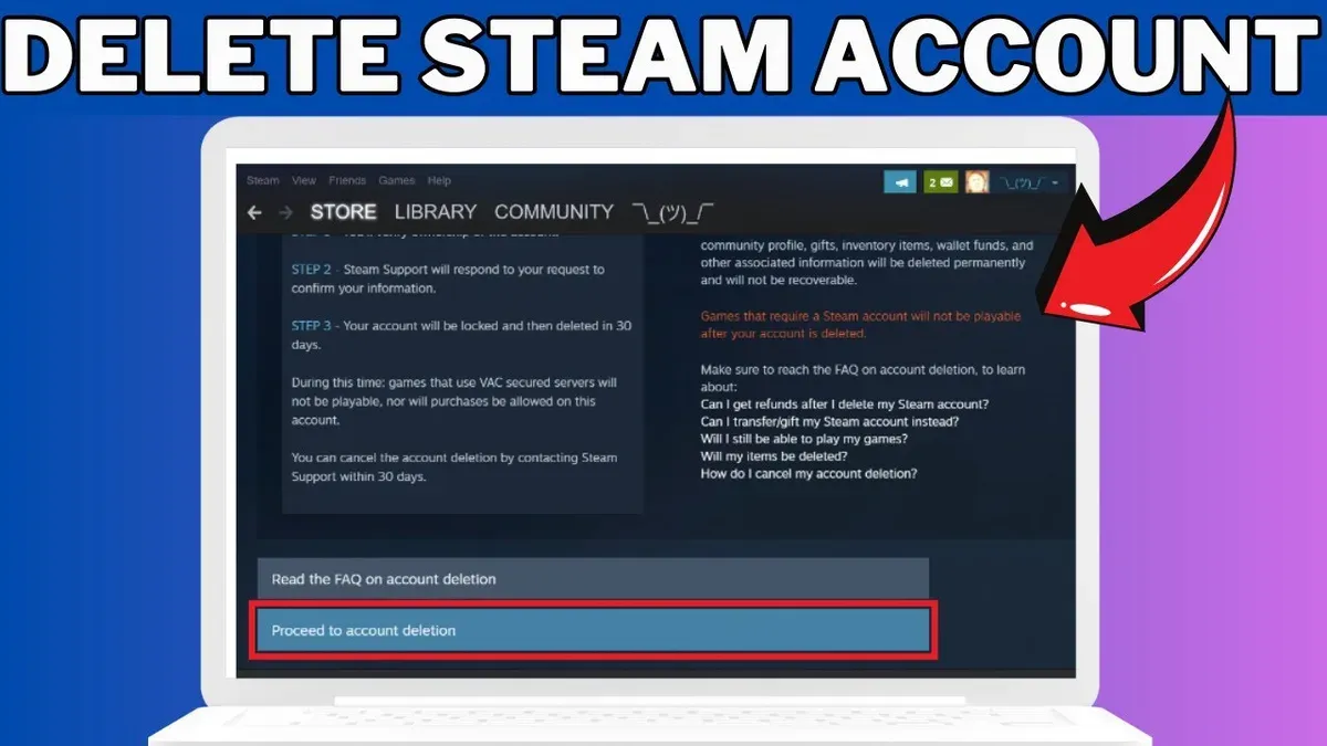 How to delete Steam account permanently shown on laptop screen