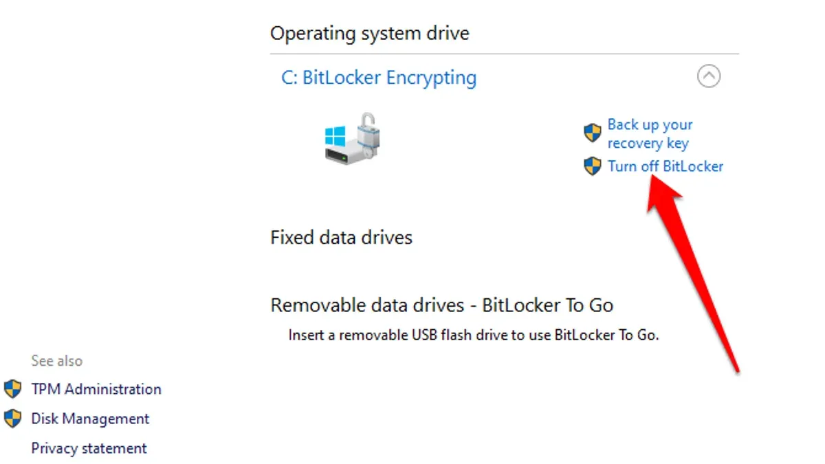 User turning off BitLocker encryption on a Windows laptop screen