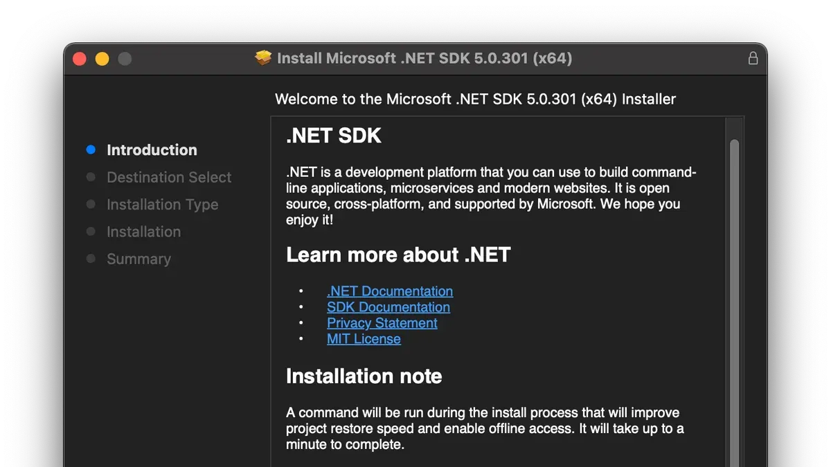 How to install.NET SDK on Mac shown on MacBook screen during setup