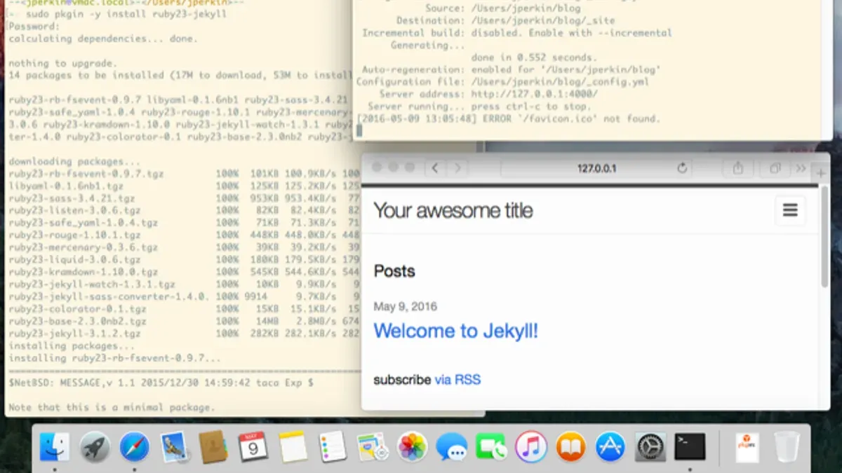 MacBook screen showing Terminal with commands to install Jekyll on Mac