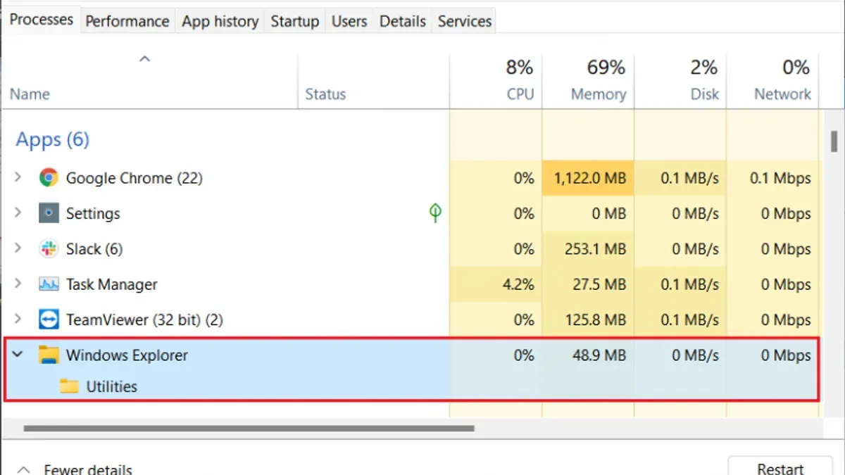 Windows Task Manager displaying explorer.exe process to check if explorer.exe is a virus