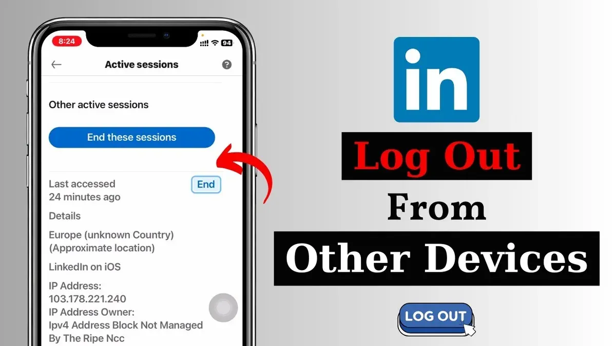How to log out of LinkedIn on all devices shown on laptop and smartphone screens