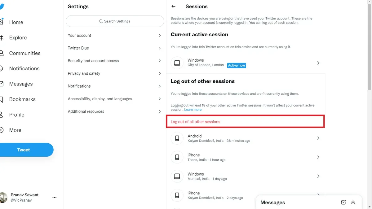 How to log out of X (Twitter) on all devices shown on laptop and smartphone screens