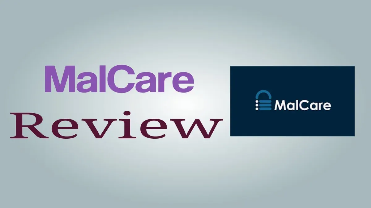 MalCare review showing WordPress security plugin interface on laptop screen