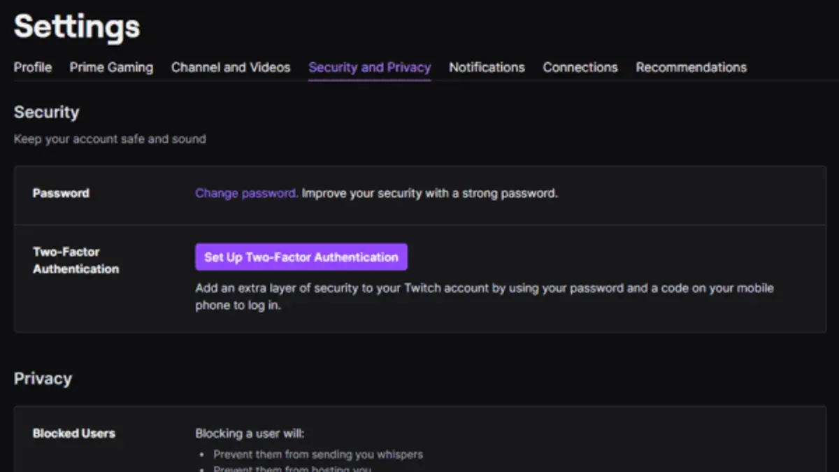 Streamer managing Twitch privacy settings on a computer screen for safer streaming
