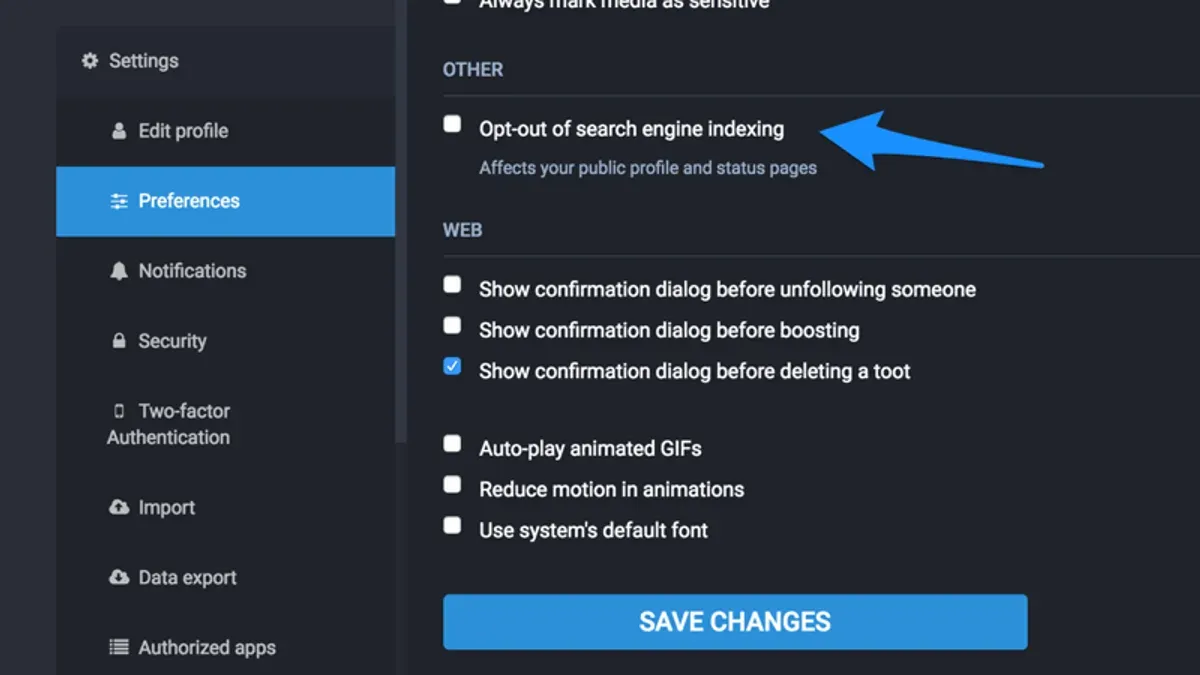 User managing Mastodon privacy settings on laptop for enhanced online security