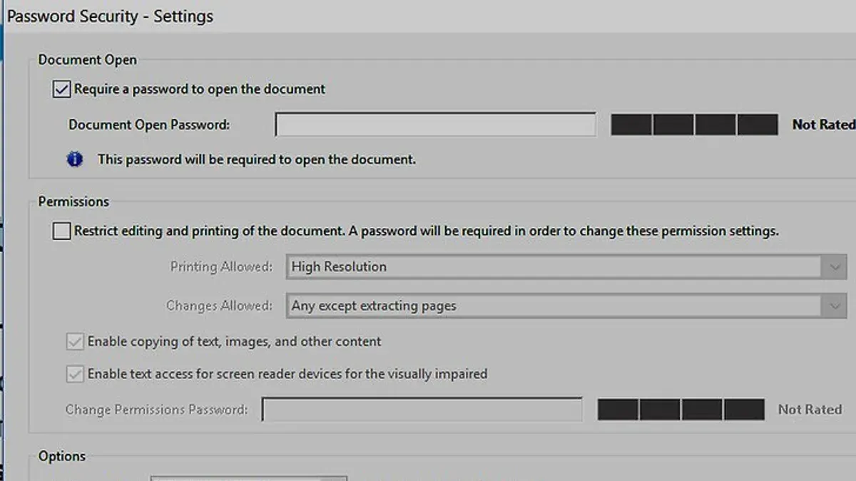 Person using software to password protect a PDF document on a laptop