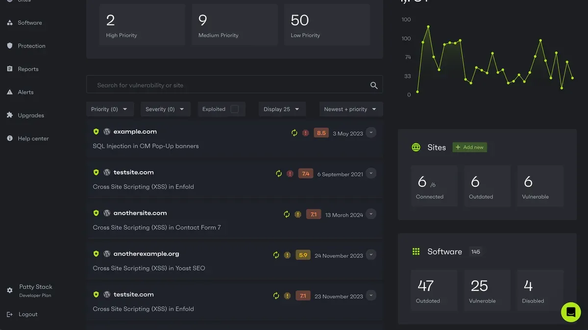Patchstack review showing WordPress security dashboard and vulnerability alerts on laptop screen
