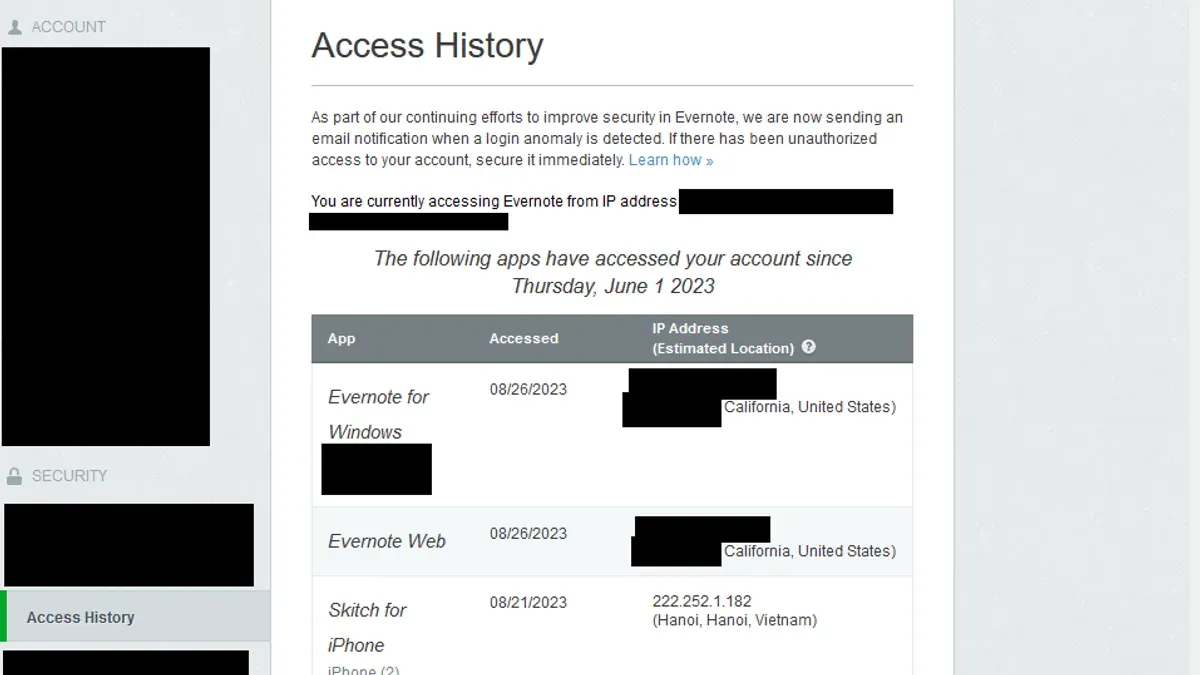 User protecting Evernote account hacked by changing password on laptop
