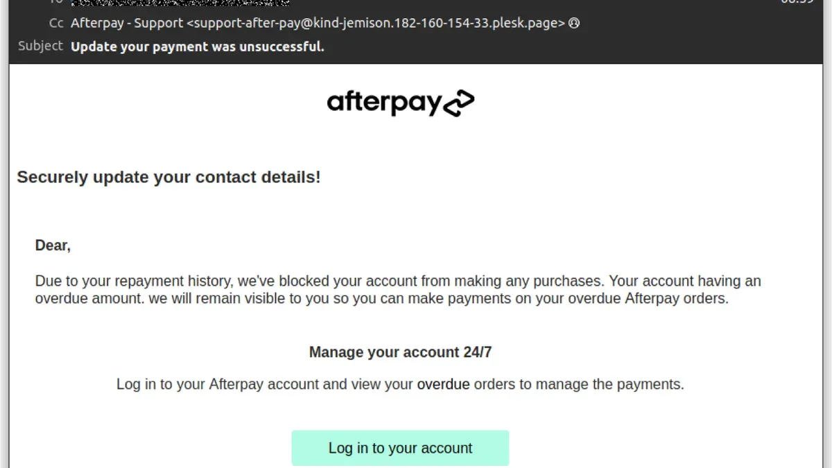 Afterpay account hacked alert on smartphone screen with person securing account