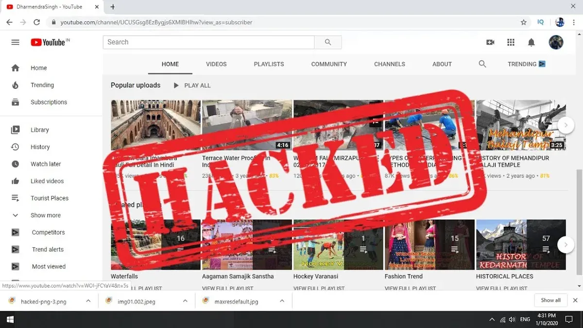 YouTube account hacked alert on laptop screen with person reacting