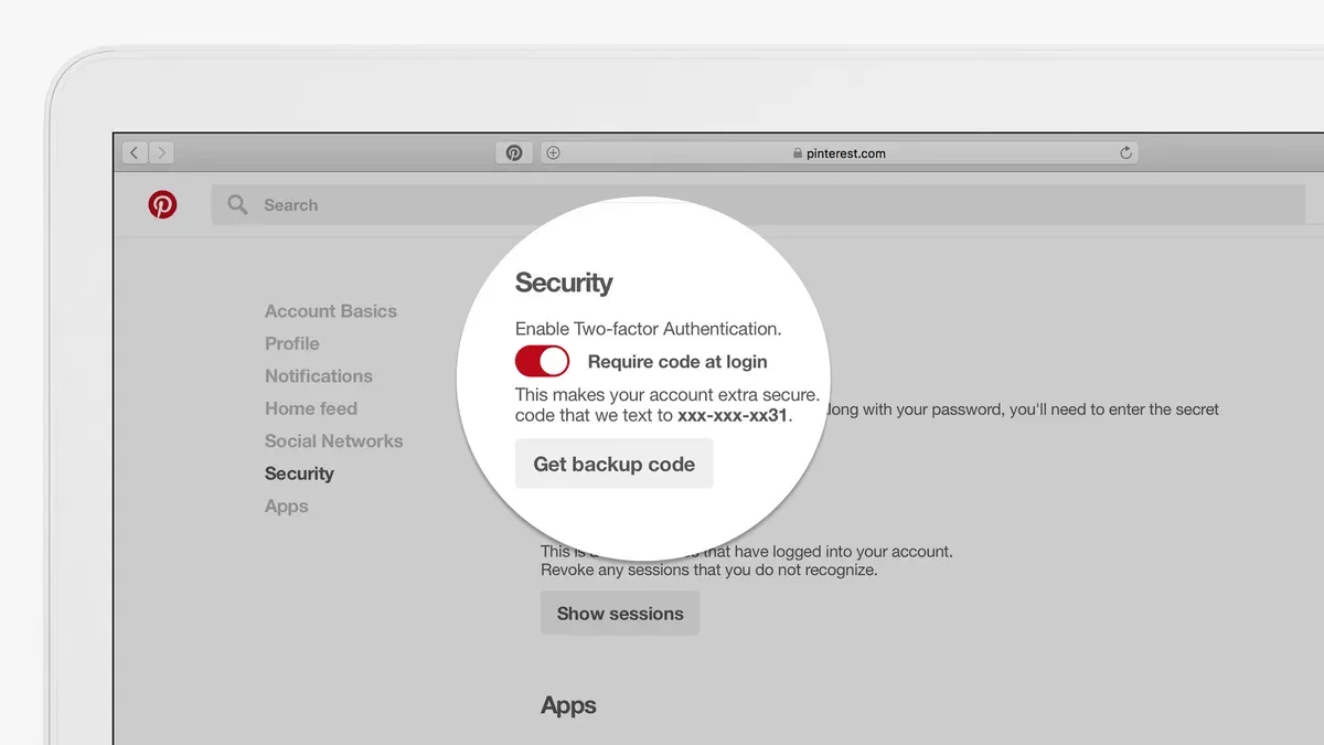 Person securing Pinterest account on smartphone with security settings visible