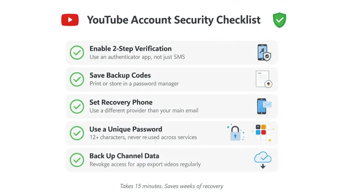 How to secure your YouTube account shown on laptop with security icons
