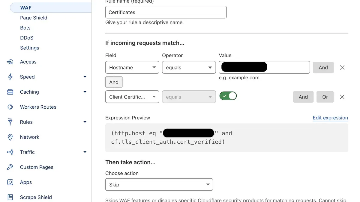 IT professional setting up Cloudflare WAF rules on a computer screen
