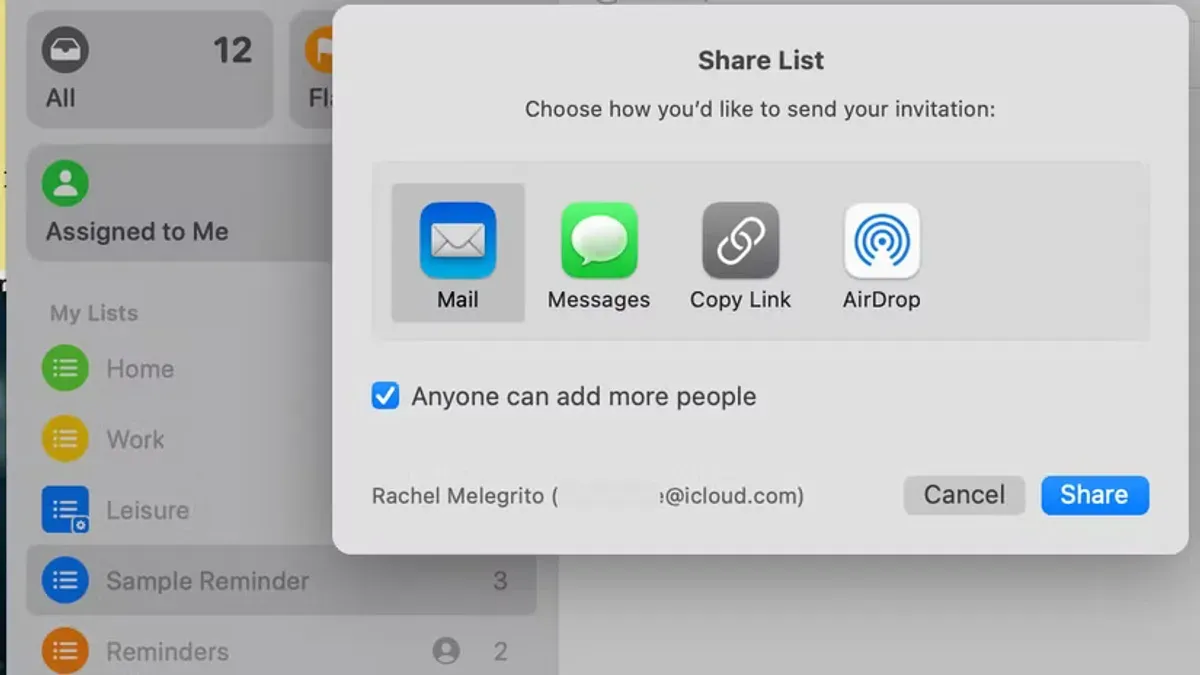 How to share a reminders list in Reminders on Mac shown on a laptop screen