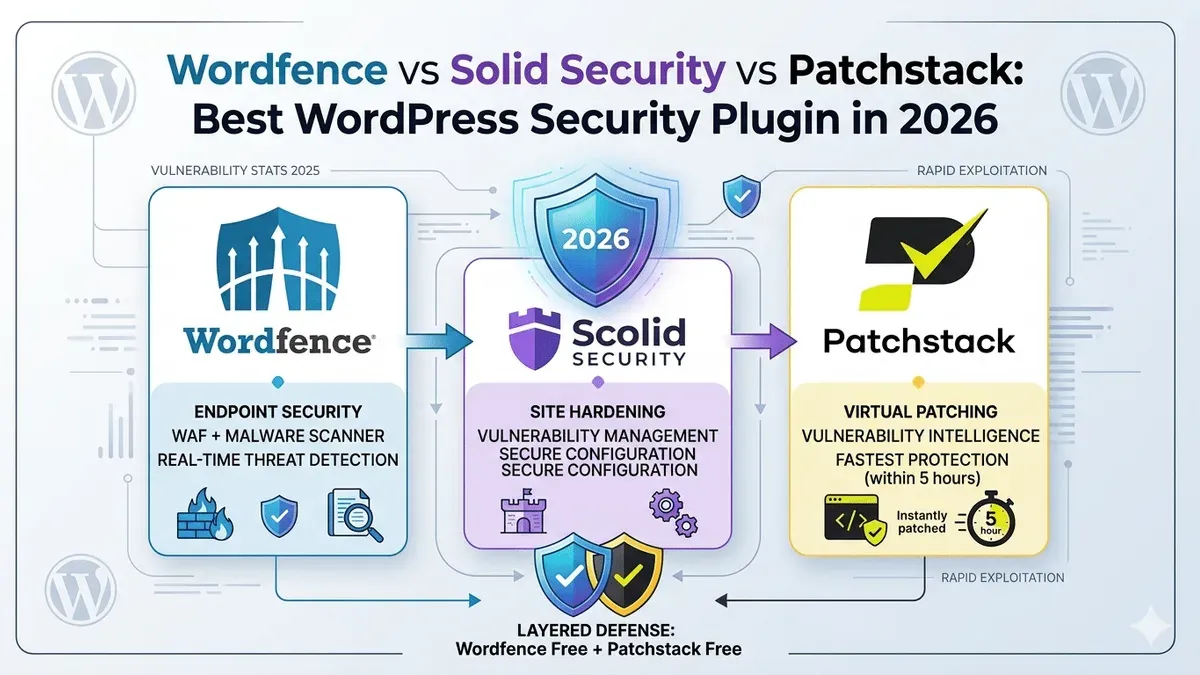 Comparison of Solid Security vs All In One WP Security plugins on a laptop screen
