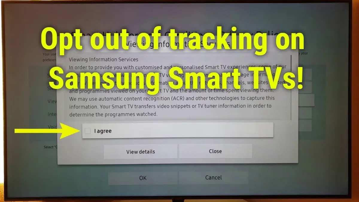 Person using remote to stop Samsung TV from tracking activity and protect privacy