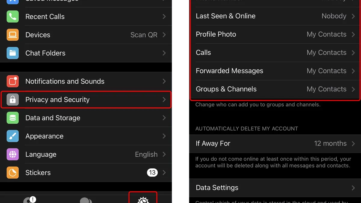 User managing Telegram privacy settings on smartphone to protect chats and data