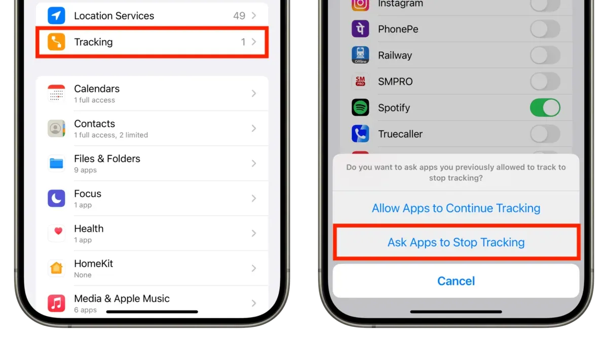 Person turning off app tracking on iPhone and computer for privacy