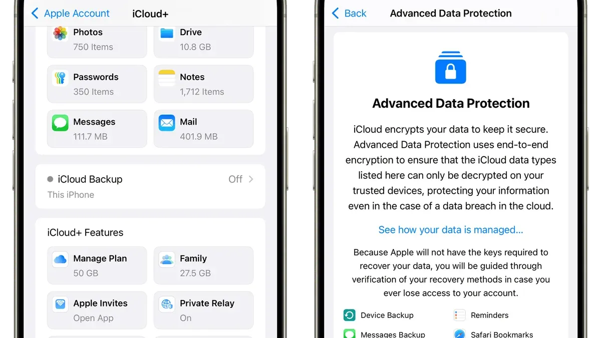 Person navigating iPhone settings to turn on Advanced Data Protection iCloud