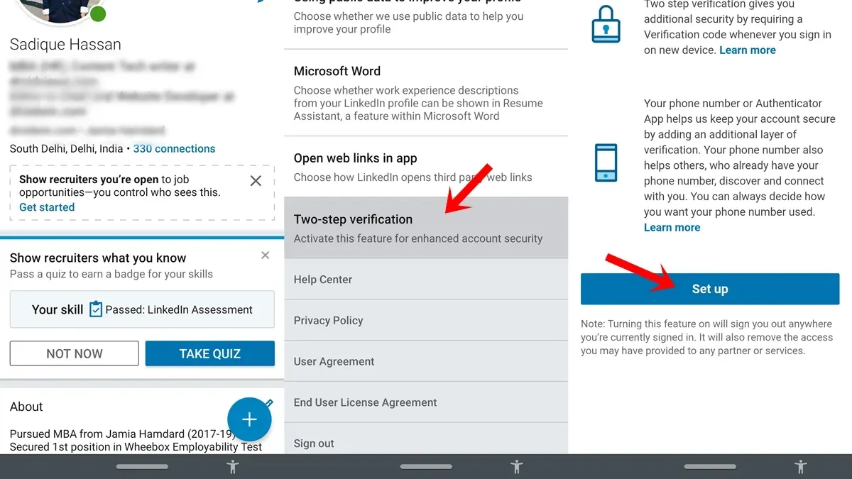 User enabling how to turn on two-factor authentication on LinkedIn on smartphone