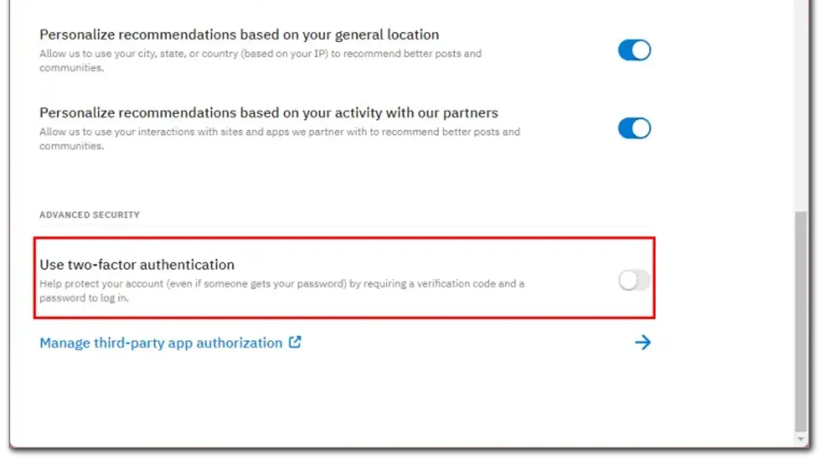 User turning on two-factor authentication on Reddit using a smartphone