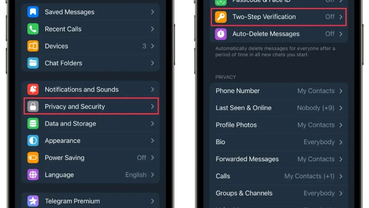 User enabling two-factor authentication on Telegram app on smartphone
