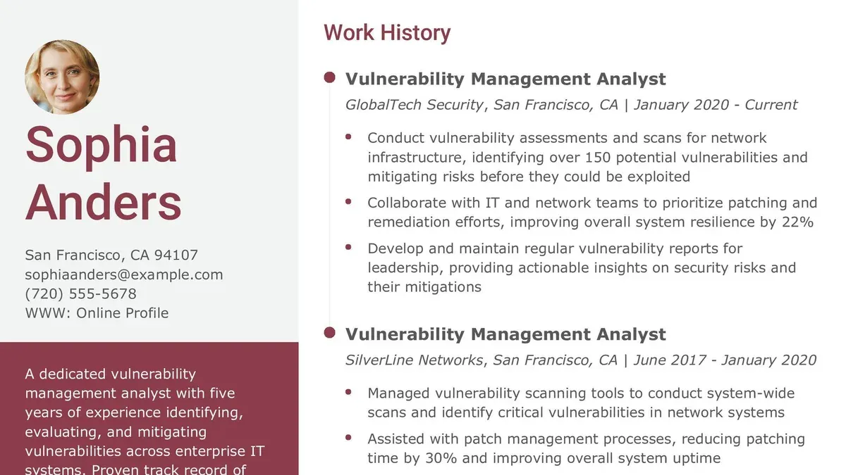 Vulnerability analyst resume example shown on laptop screen with cybersecurity reports