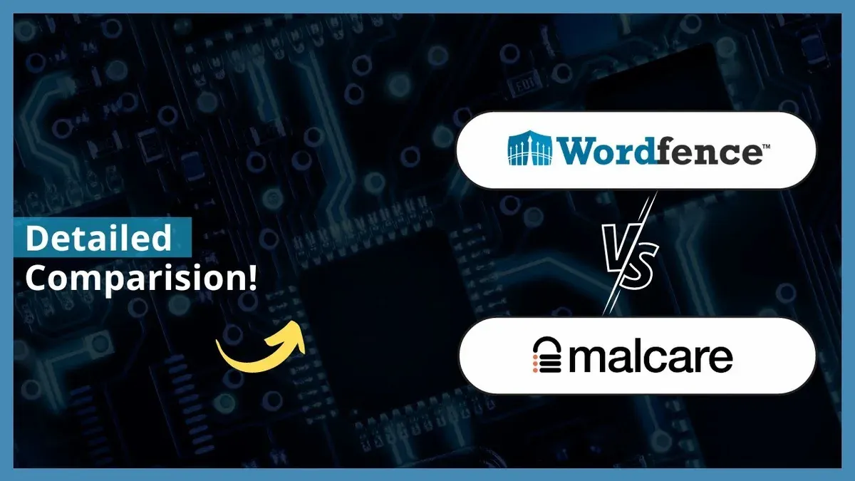 Comparison of Wordfence vs MalCare WordPress security plugins on laptop screen