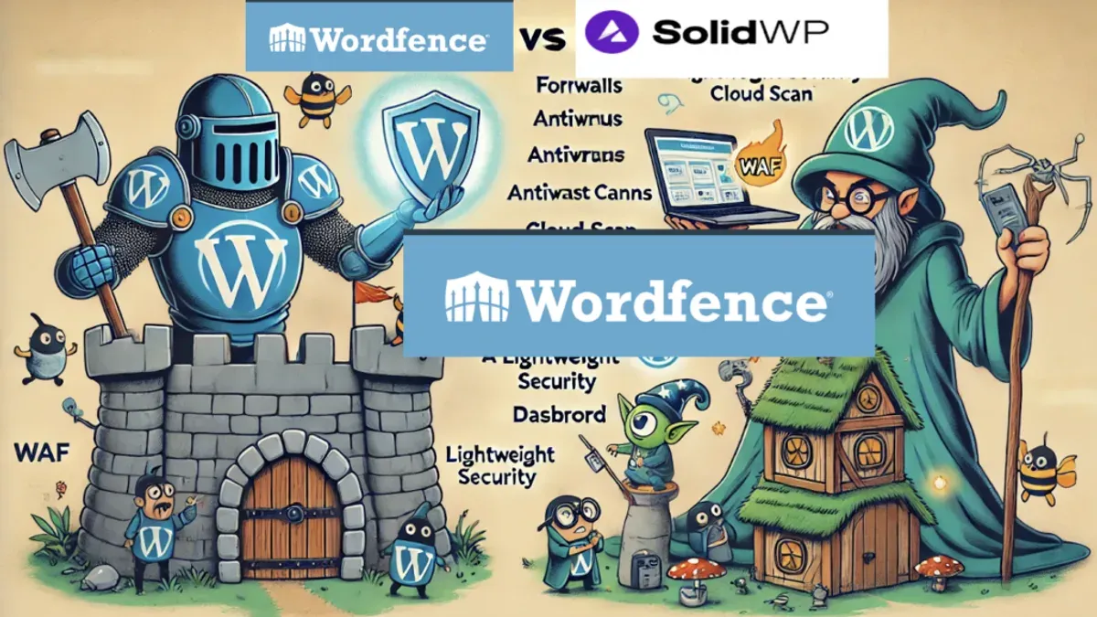 Comparison of Wordfence vs Solid Security WordPress plugins on laptop screen
