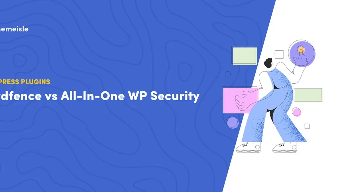 Comparison of Wordfence vs All In One WP Security features on laptop screen