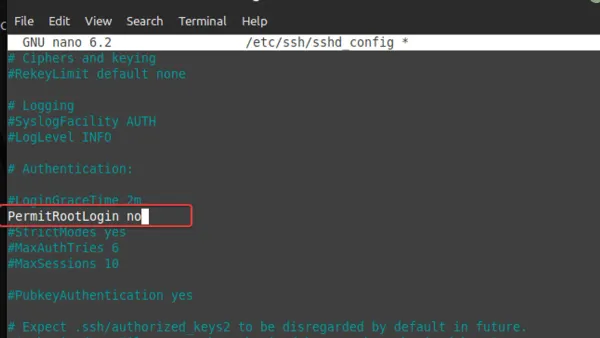 Linux server terminal displaying how to disable root login SSH on Linux