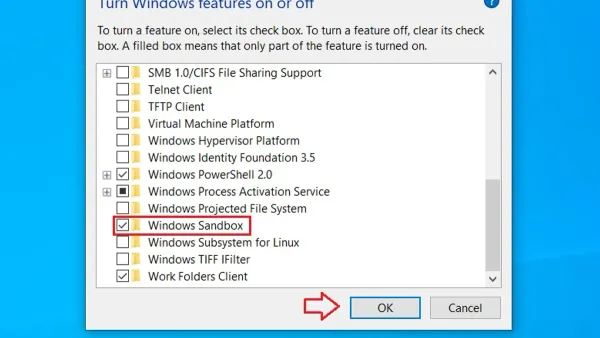 User enabling Windows Sandbox on laptop for secure software testing